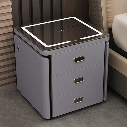 Modern Minimalist Square Rectangular Marble Glass Faux Leather Solid Wood Nightstand 3-Drawer For Bedroom