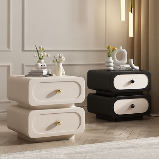 Contemporary Scandinavian Square Microfiber Leather Finish Solid Wood Frame Nightstand 2-Drawer For Bedroom