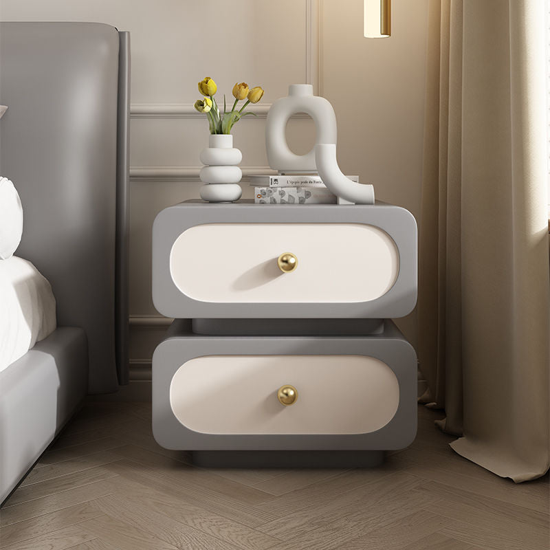 Contemporary Scandinavian Square Microfiber Leather Finish Solid Wood Frame Nightstand 2-Drawer For Bedroom