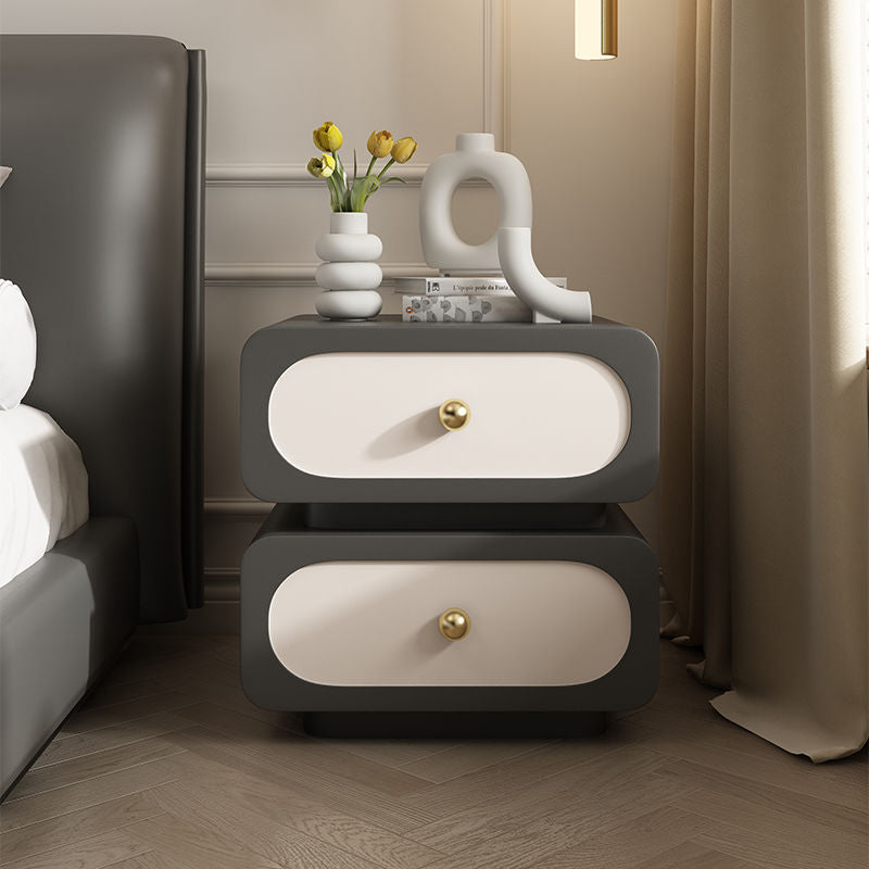 Contemporary Scandinavian Square Microfiber Leather Finish Solid Wood Frame Nightstand 2-Drawer For Bedroom