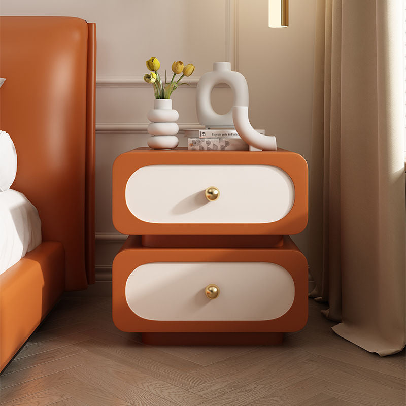 Contemporary Scandinavian Square Microfiber Leather Finish Solid Wood Frame Nightstand 2-Drawer For Bedroom