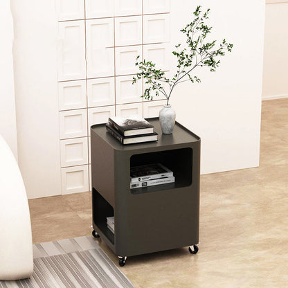Contemporary Nordic Square Iron Tray Top Nightstand 2-Cabinet Casters For Bedroom