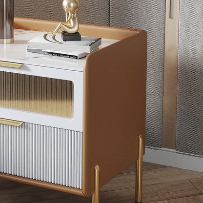 Contemporary Nordic Square Sintered Stone Top Solid Wood Frame Microfiber Leather Nightstand 2-Drawer For Bedroom