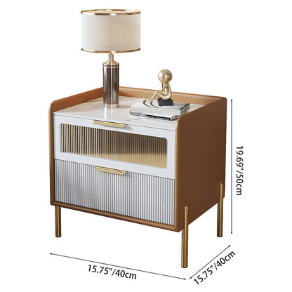 Contemporary Nordic Square Sintered Stone Top Solid Wood Frame Microfiber Leather Nightstand 2-Drawer For Bedroom