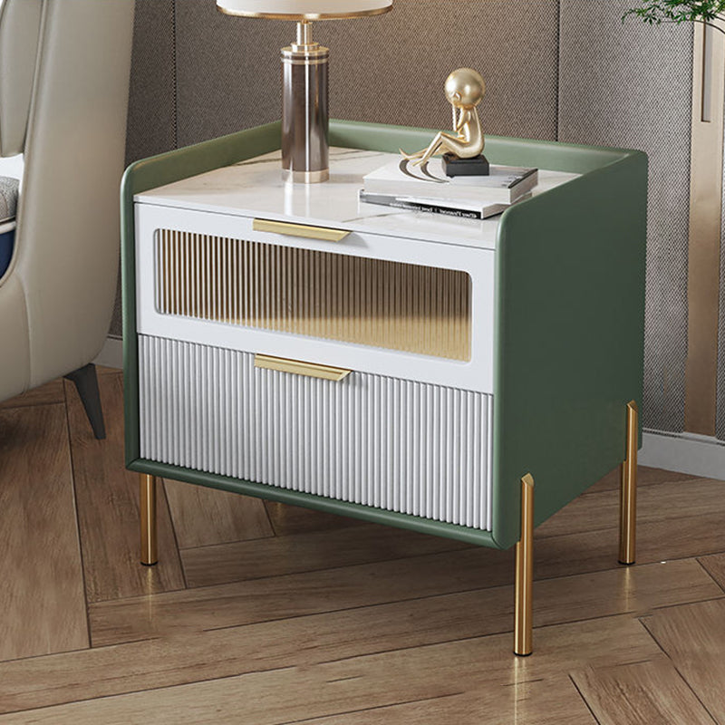 Contemporary Nordic Square Sintered Stone Top Solid Wood Frame Microfiber Leather Nightstand 2-Drawer For Bedroom