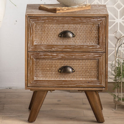 Contemporary Retro Rectangular Solid Wood Nightstand 2-Drawer Cabinet For Bedroom