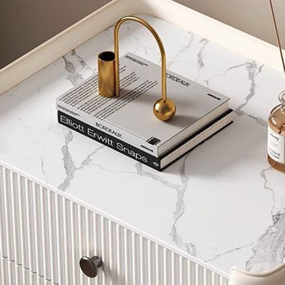 Contemporary Nordic Square Sintered Stone Top Solid Wood Leather Nightstand 3-Drawer For Bedroom