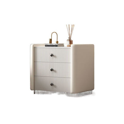 Contemporary Nordic Square Sintered Stone Top Solid Wood Leather Nightstand 3-Drawer For Bedroom