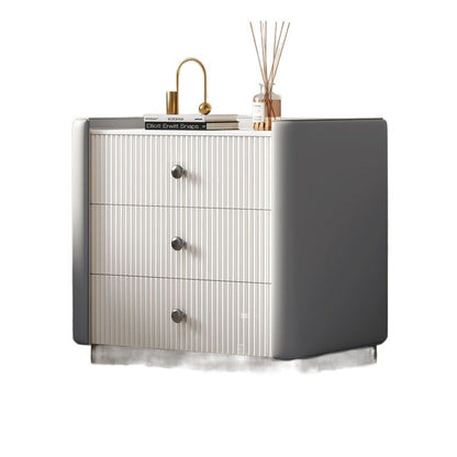Contemporary Nordic Square Sintered Stone Top Solid Wood Leather Nightstand 3-Drawer For Bedroom