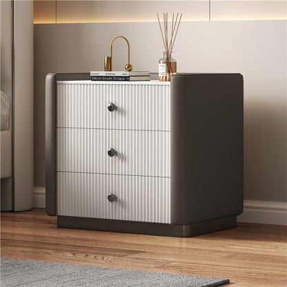 Contemporary Nordic Square Sintered Stone Top Solid Wood Leather Nightstand 3-Drawer For Bedroom