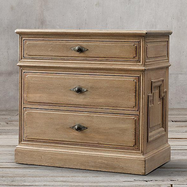 Traditional Rustic Full Solid Wood Square Nightstand 3-Drawer For Bedroom
