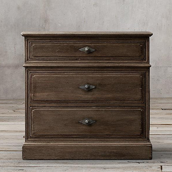 Traditional Rustic Full Solid Wood Square Nightstand 3-Drawer For Bedroom