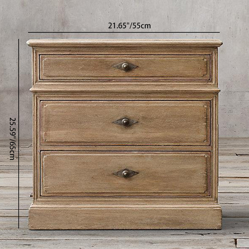 Traditional Rustic Full Solid Wood Square Nightstand 3-Drawer For Bedroom