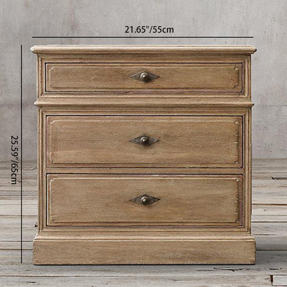 Traditional Rustic Full Solid Wood Square Nightstand 3-Drawer For Bedroom