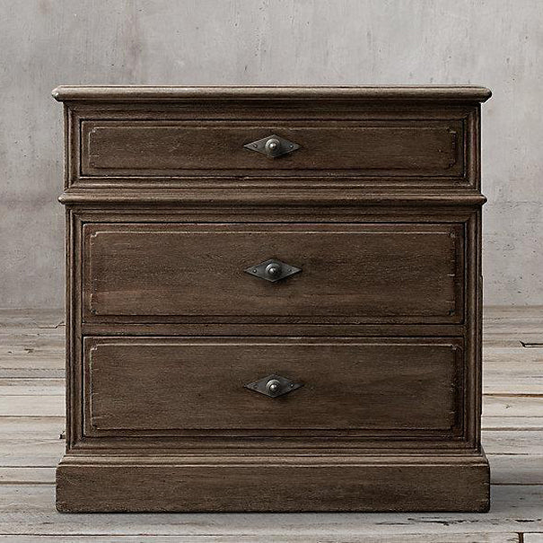 Traditional Rustic Full Solid Wood Square Nightstand 3-Drawer For Bedroom