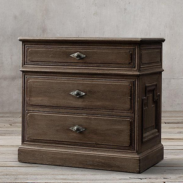 Traditional Rustic Full Solid Wood Square Nightstand 3-Drawer For Bedroom