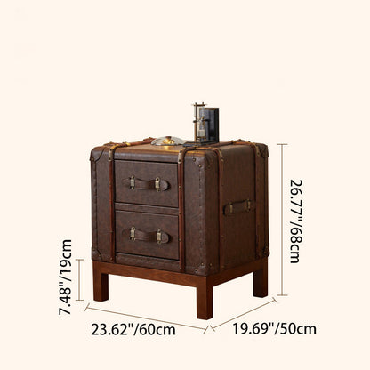 Contemporary Retro Leather Solid Wood Square Nightstand 2-Drawer For Bedroom