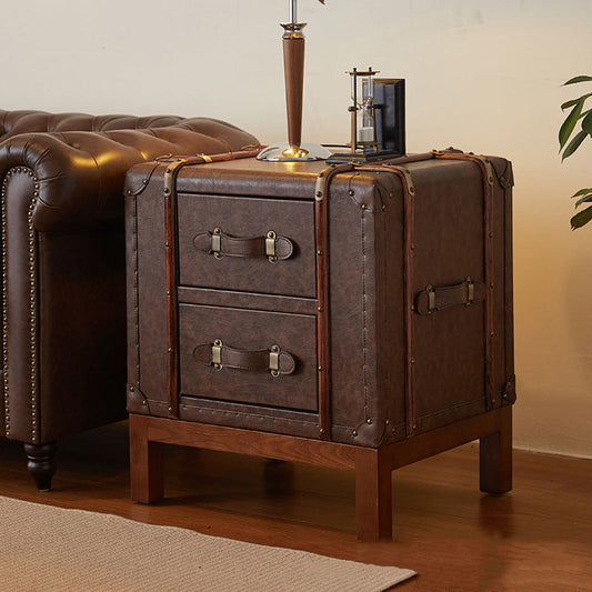 Contemporary Retro Leather Solid Wood Square Nightstand 2-Drawer For Bedroom