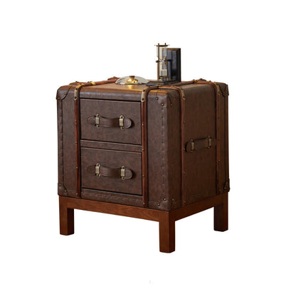 Contemporary Retro Leather Solid Wood Square Nightstand 2-Drawer For Bedroom