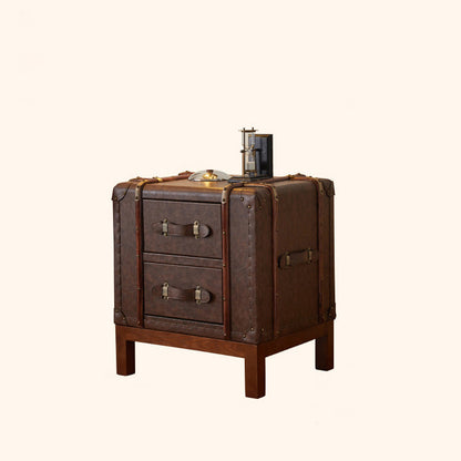 Contemporary Retro Leather Solid Wood Square Nightstand 2-Drawer For Bedroom