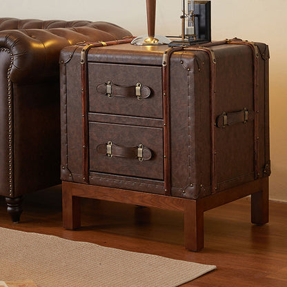 Contemporary Retro Leather Solid Wood Square Nightstand 2-Drawer For Bedroom