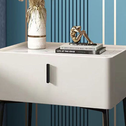 Contemporary Scandinavian Rectangular Sintered Stone Top Faux Leather Veneered Nightstand Drawer For Bedroom