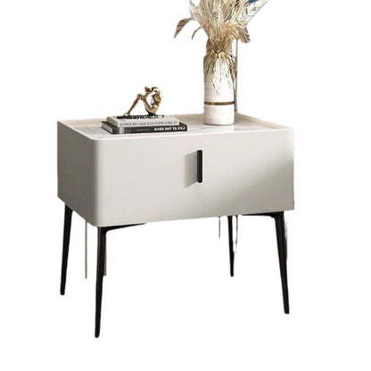Contemporary Scandinavian Rectangular Sintered Stone Top Faux Leather Veneered Nightstand Drawer For Bedroom