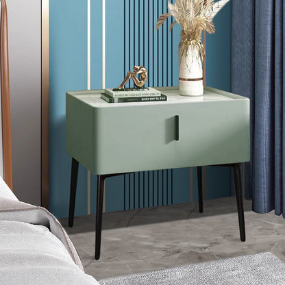 Contemporary Scandinavian Rectangular Sintered Stone Top Faux Leather Veneered Nightstand Drawer For Bedroom