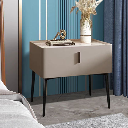Contemporary Scandinavian Rectangular Sintered Stone Top Faux Leather Veneered Nightstand Drawer For Bedroom