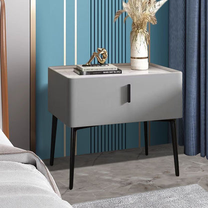 Contemporary Scandinavian Rectangular Sintered Stone Top Faux Leather Veneered Nightstand Drawer For Bedroom