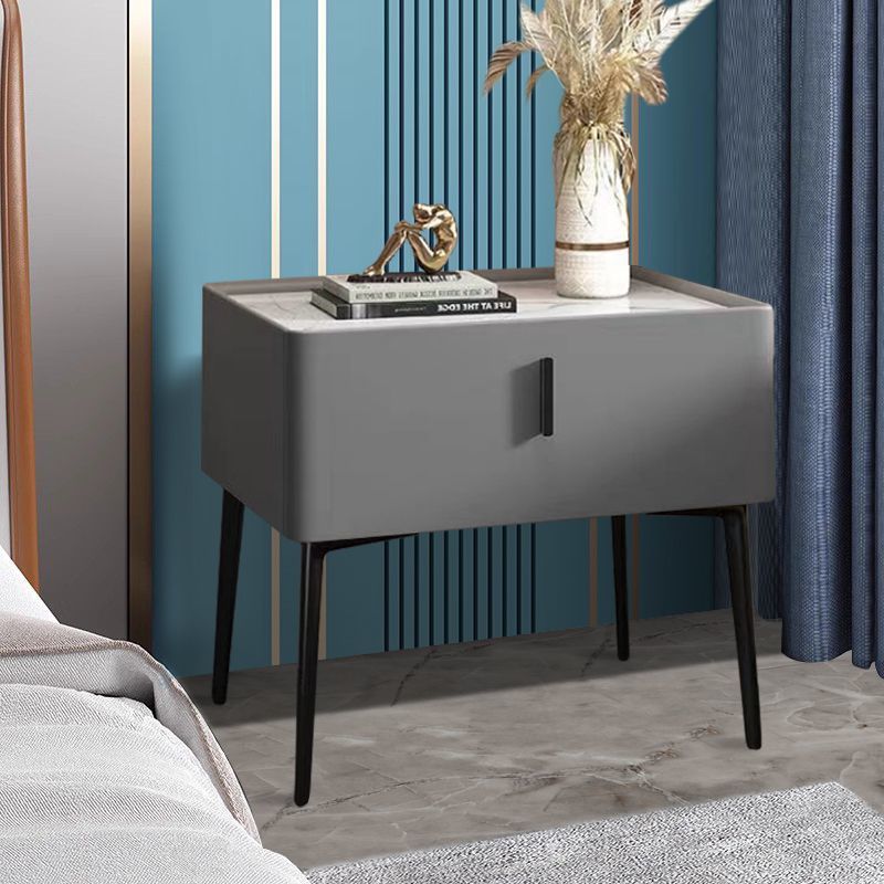 Contemporary Scandinavian Rectangular Sintered Stone Top Faux Leather Veneered Nightstand Drawer For Bedroom