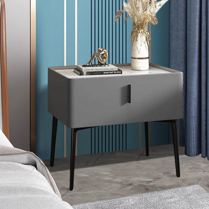 Contemporary Scandinavian Rectangular Sintered Stone Top Faux Leather Veneered Nightstand Drawer For Bedroom