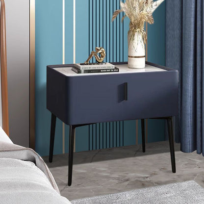 Contemporary Scandinavian Rectangular Sintered Stone Top Faux Leather Veneered Nightstand Drawer For Bedroom