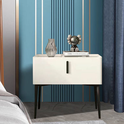 Contemporary Scandinavian Rectangular Sintered Stone Top Faux Leather Veneered Nightstand Drawer For Bedroom