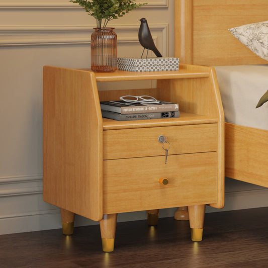 Contemporary Simplicity Rectangular Rubber Wood Nightstand 2-Drawer Storage Shelves For Bedroom