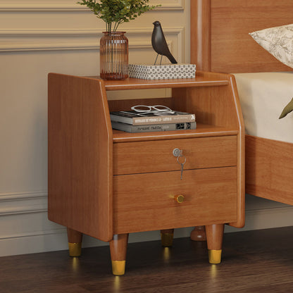 Contemporary Simplicity Rectangular Rubber Wood Nightstand 2-Drawer Storage Shelves For Bedroom