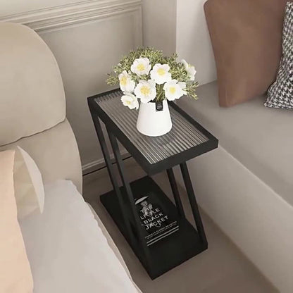 Contemporary Simplicity Rectangular Tempered Glass Z-Shaped Carbon Steel Frame Nightstand 2-Tier Casters For Bedroom