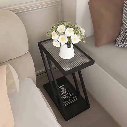 Contemporary Simplicity Rectangular Tempered Glass Z-Shaped Carbon Steel Frame Nightstand 2-Tier Casters For Bedroom