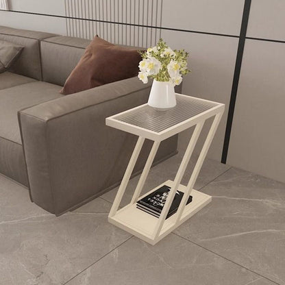 Contemporary Simplicity Rectangular Tempered Glass Z-Shaped Carbon Steel Frame Nightstand 2-Tier Casters For Bedroom
