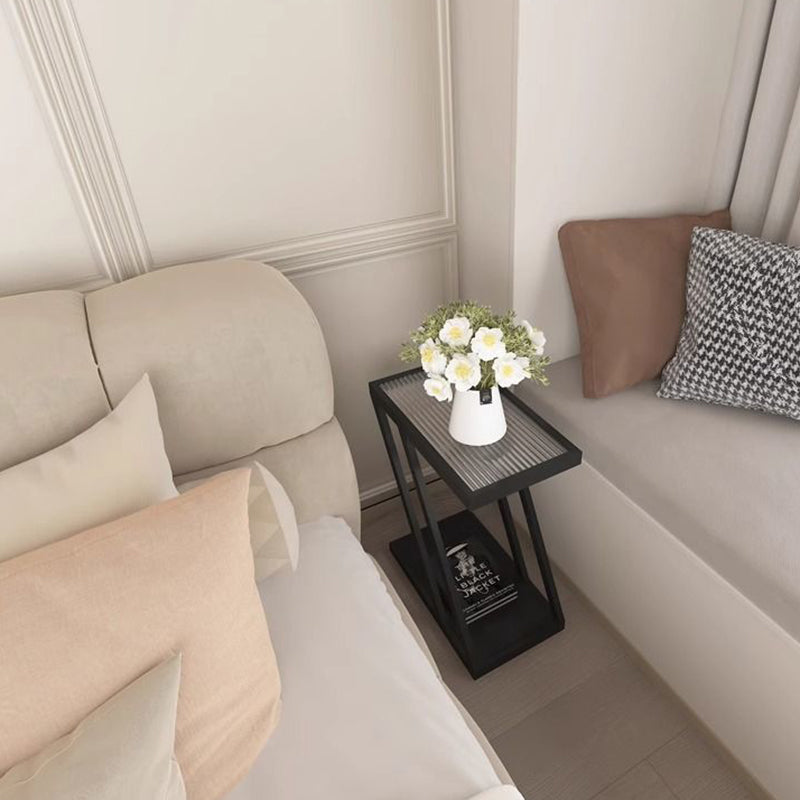 Contemporary Simplicity Rectangular Tempered Glass Z-Shaped Carbon Steel Frame Nightstand 2-Tier Casters For Bedroom