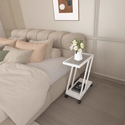 Contemporary Simplicity Rectangular Tempered Glass Z-Shaped Carbon Steel Frame Nightstand 2-Tier Casters For Bedroom