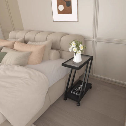 Contemporary Simplicity Rectangular Tempered Glass Z-Shaped Carbon Steel Frame Nightstand 2-Tier Casters For Bedroom