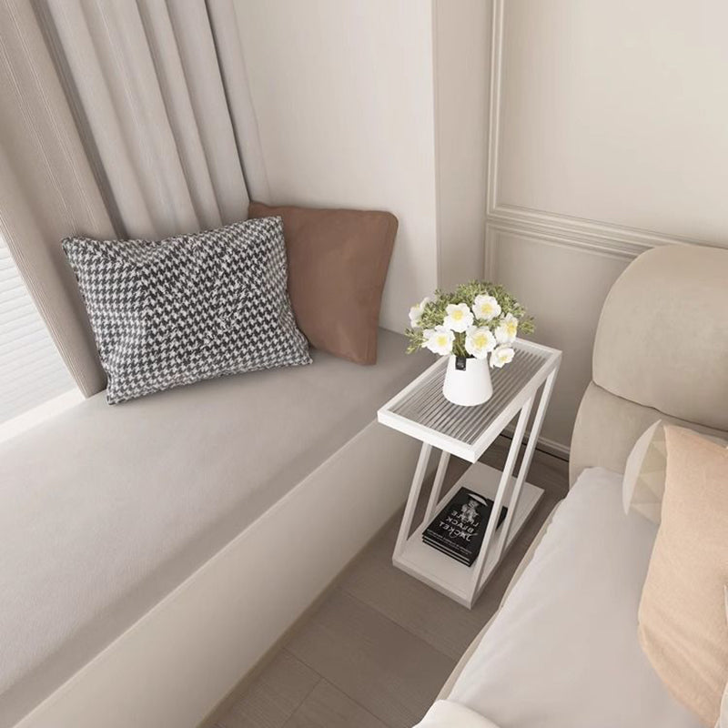 Contemporary Simplicity Rectangular Tempered Glass Z-Shaped Carbon Steel Frame Nightstand 2-Tier Casters For Bedroom