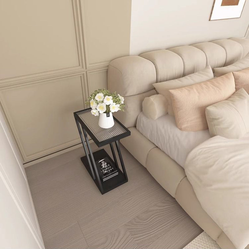 Contemporary Simplicity Rectangular Tempered Glass Z-Shaped Carbon Steel Frame Nightstand 2-Tier Casters For Bedroom