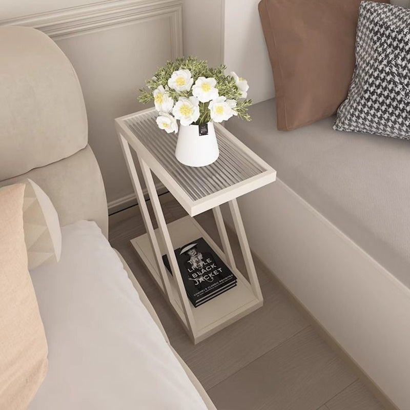 Contemporary Simplicity Rectangular Tempered Glass Z-Shaped Carbon Steel Frame Nightstand 2-Tier Casters For Bedroom