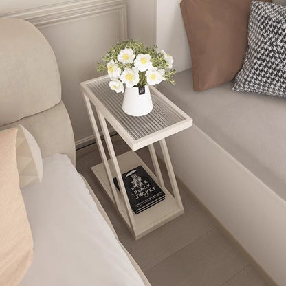 Contemporary Simplicity Rectangular Tempered Glass Z-Shaped Carbon Steel Frame Nightstand 2-Tier Casters For Bedroom