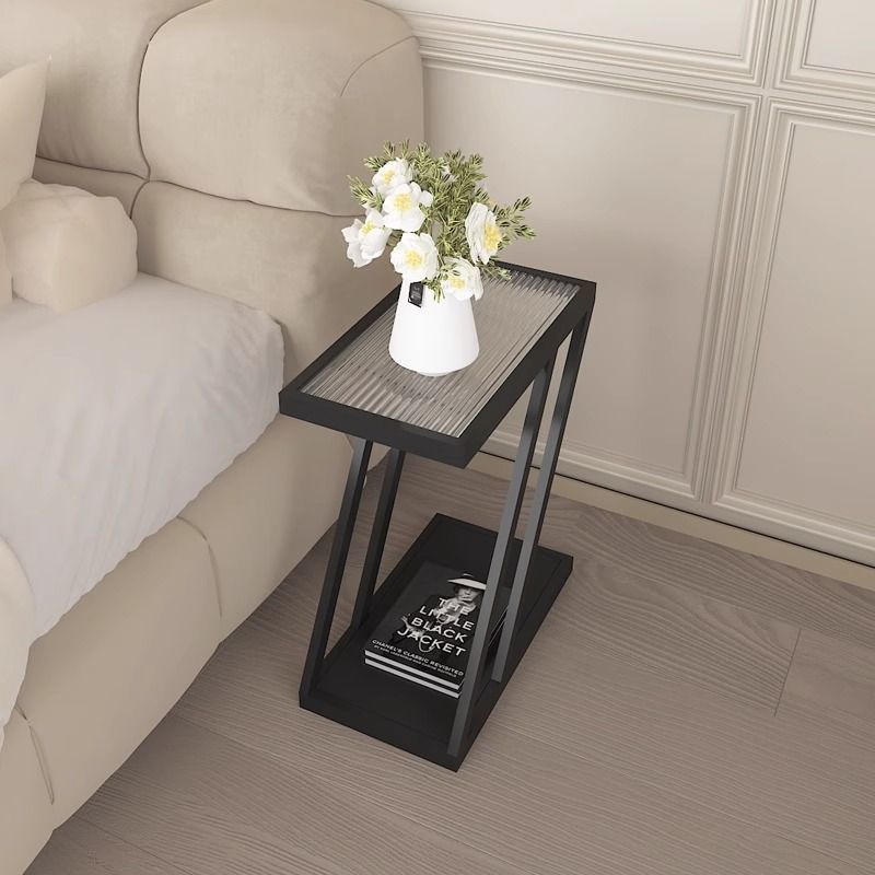 Contemporary Simplicity Rectangular Tempered Glass Z-Shaped Carbon Steel Frame Nightstand 2-Tier Casters For Bedroom