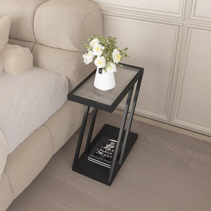 Contemporary Simplicity Rectangular Tempered Glass Z-Shaped Carbon Steel Frame Nightstand 2-Tier Casters For Bedroom