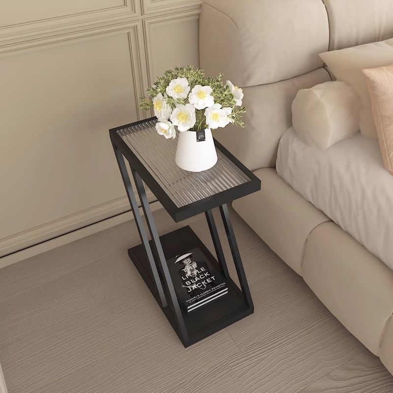 Contemporary Simplicity Rectangular Tempered Glass Z-Shaped Carbon Steel Frame Nightstand 2-Tier Casters For Bedroom