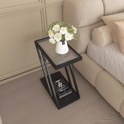 Contemporary Simplicity Rectangular Tempered Glass Z-Shaped Carbon Steel Frame Nightstand 2-Tier Casters For Bedroom